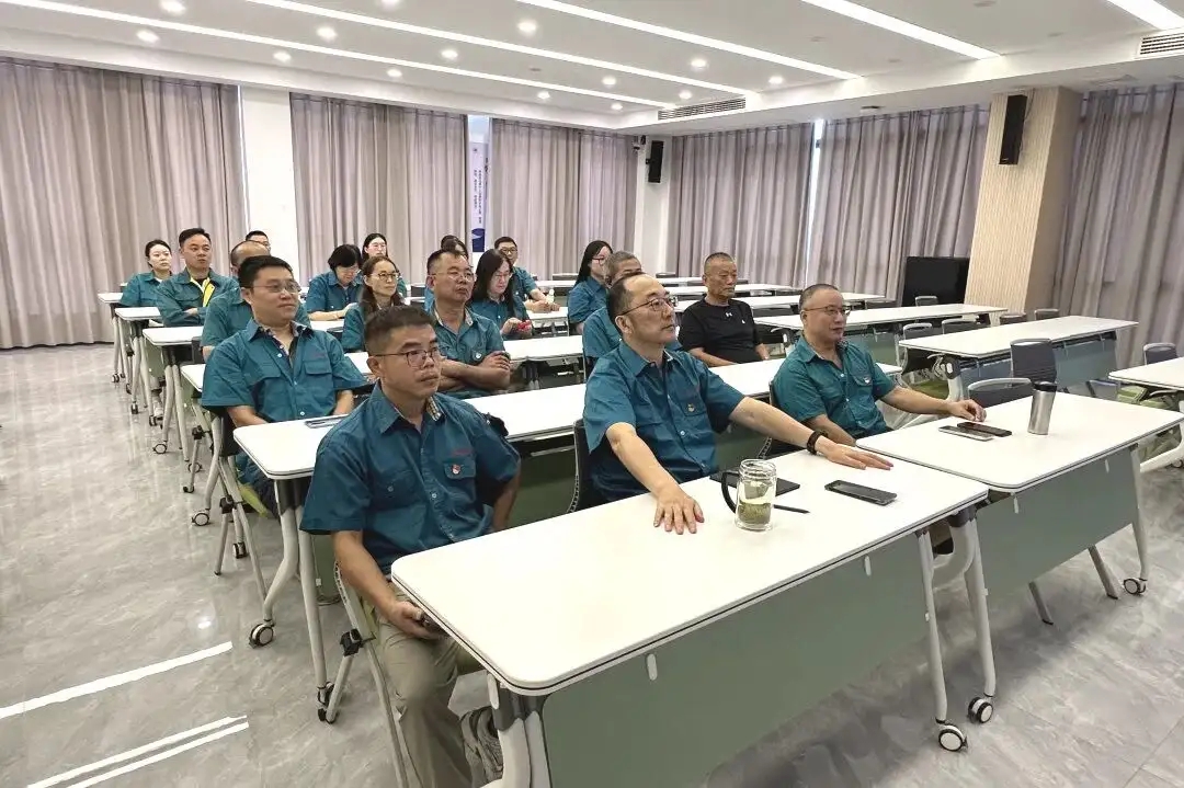 Sucursala Partidului din Polyester Changshu organizată pentru a urmări transmisia în direct a paradei militare din 3 septembrie